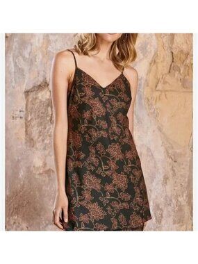 Peruvian Connection Brown Dark Romantic Floral V Neck Mini Dress Size S